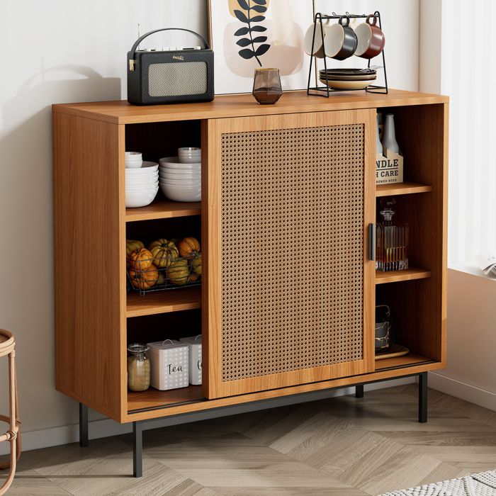 Buffet et Enfilade de Rangement 2 Portes Coulissantes et 3 Étagères - YEAVIO - Esprit Campagne Bois Noyer 100×37×90 cm
