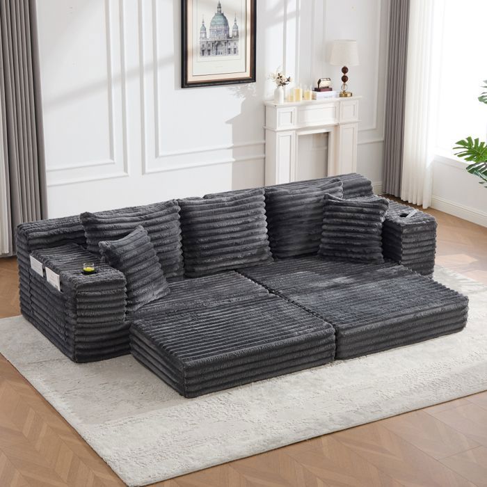 Bladez - Canapé compressé modulable Canapé convertible en velours côtelé avec porte-gobelets et poches latérales - Gris foncé