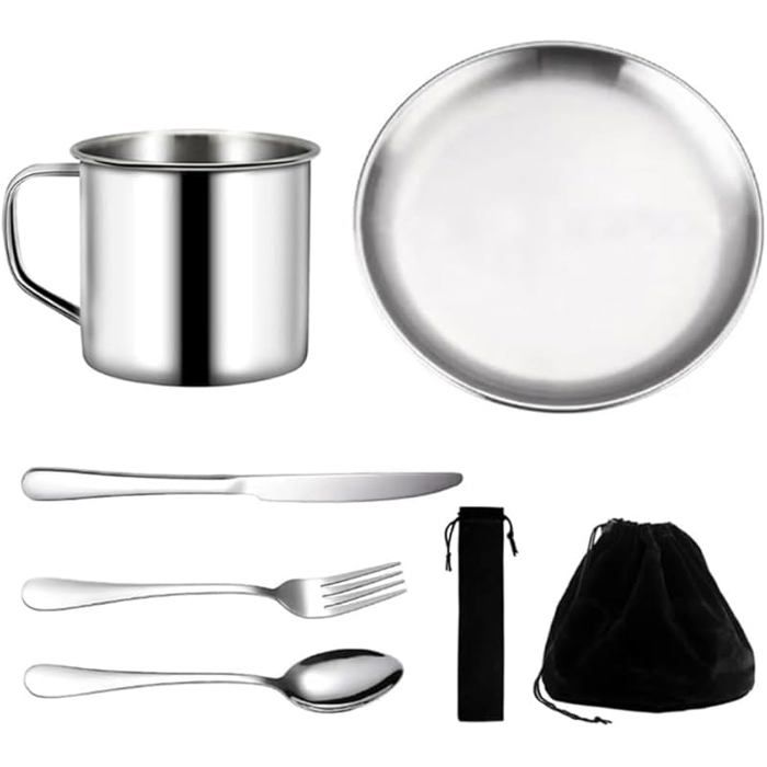 Camping 1 Personne Vaisselle Popote Bivouac 7 Couverts de Accessoires en Acier Inoxydable de Qualité Supérieure Gobelet POPOTE