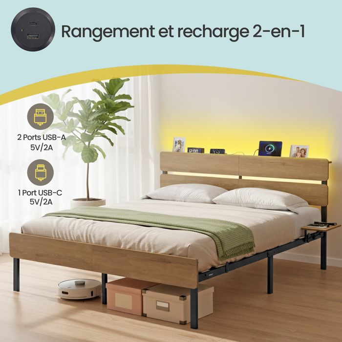 Structure de lit Double 160 x 200 cm Cadre en Métal Éclairage LED Port USB et TYPE-C Marron