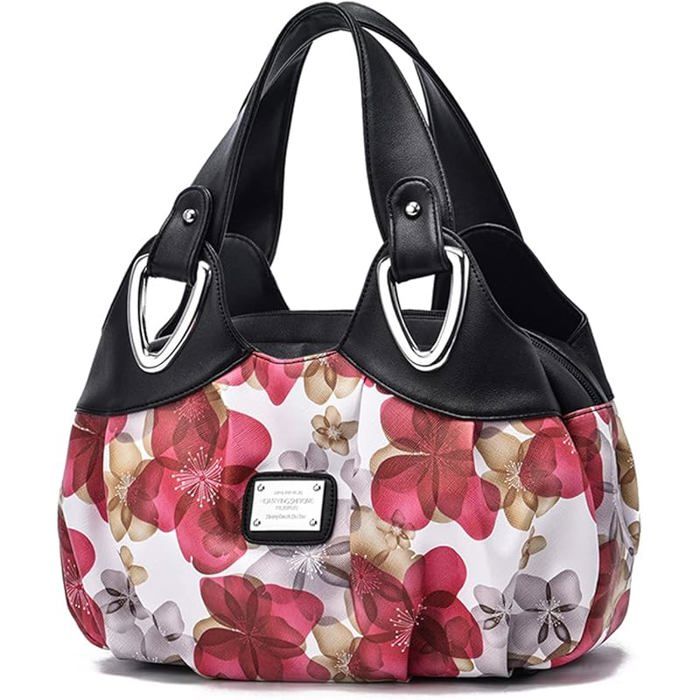 XJYDNCG Sac a Main Femme en cuir PU imprimé floral grand format style rétro - Manche Noir/Carthame
