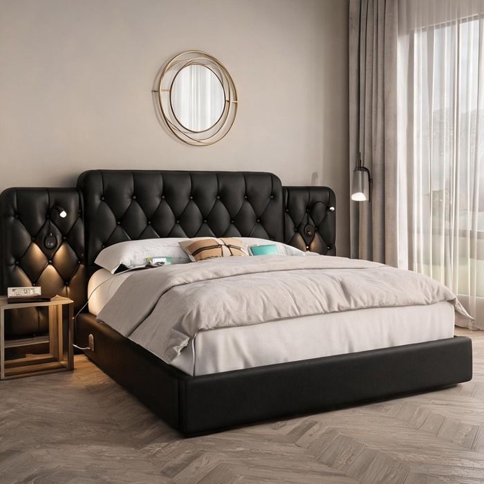 Lit avec rangement et tête de lit en simili cuir deep black 160x200 cm USB et lampes de lecture intégrées