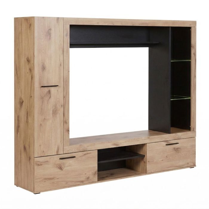Meuble TV mural avec banc TV et colonnes latérales aspect bois et noir - IVOR