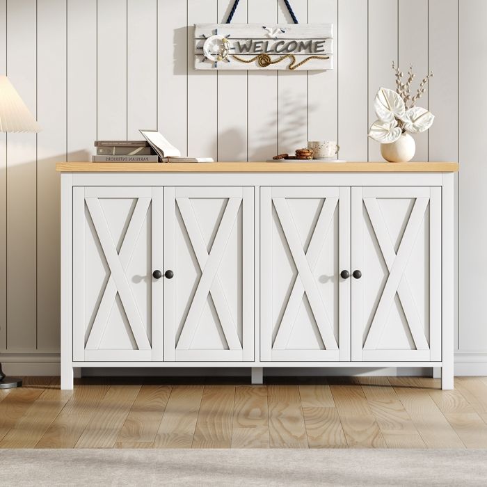 Buffet Blanc Moderne Meuble de Rangement avec 4 Portes Poignée Ronde Noire Style Campagne pour Salon Salle à manger 140x40x78cm