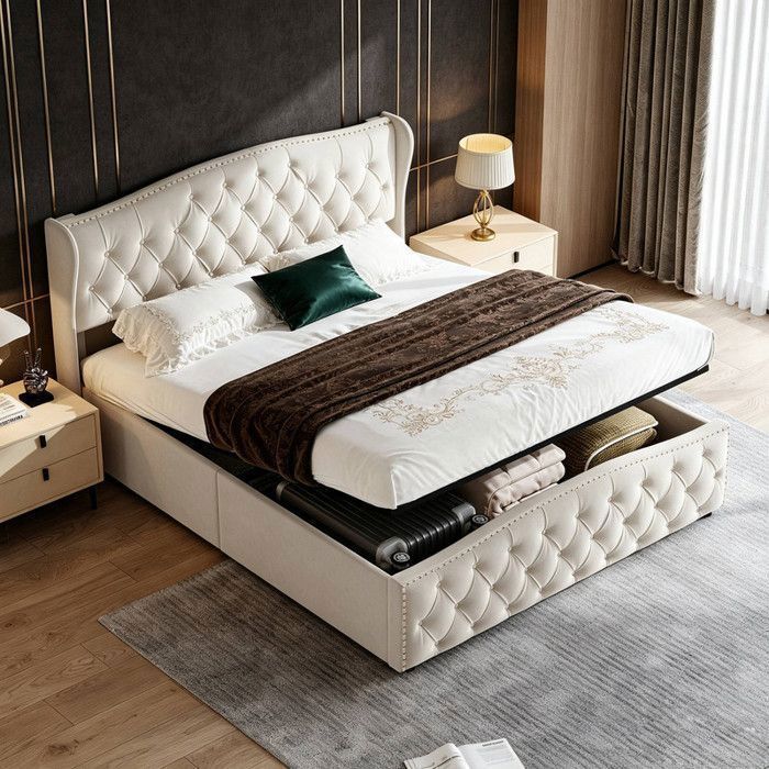 Lit coffre 160x200 cm Lit double capitonné Sommier à lattes en bois massif Rangement sous le lit Décor riveté Velours beige