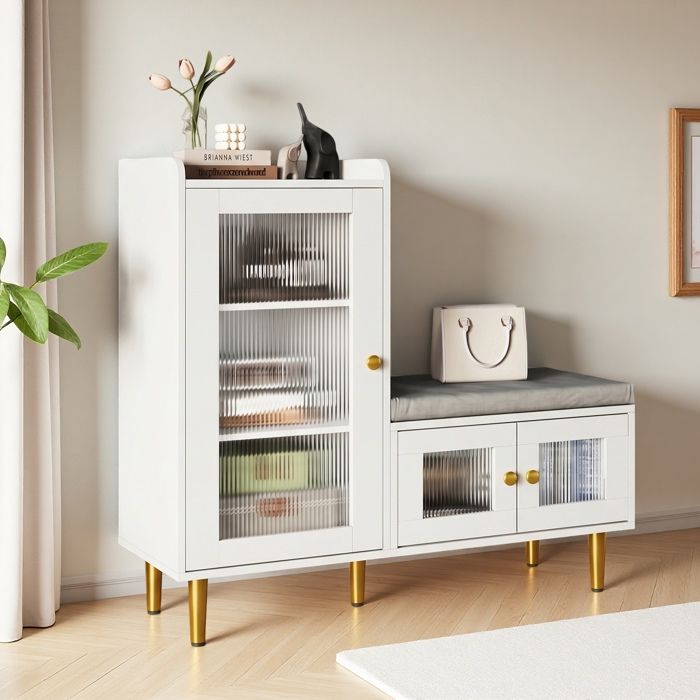 Armoire à chaussures blanc 100x35x90 cm avec banc assise meuble d’entrée avec portes verre et étagères réglables