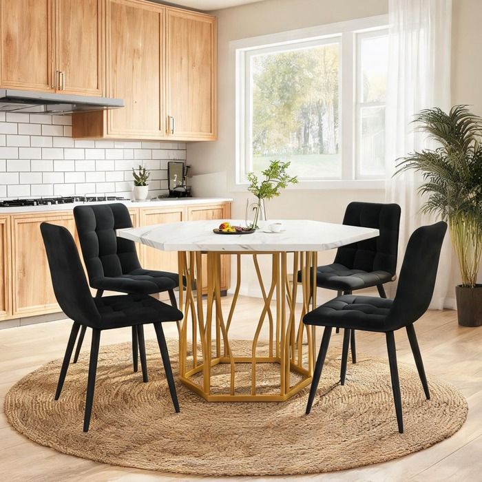 Ensemble table et chaises en MDF effet marbre et métal doré hexagonal noir et or 5 pièces