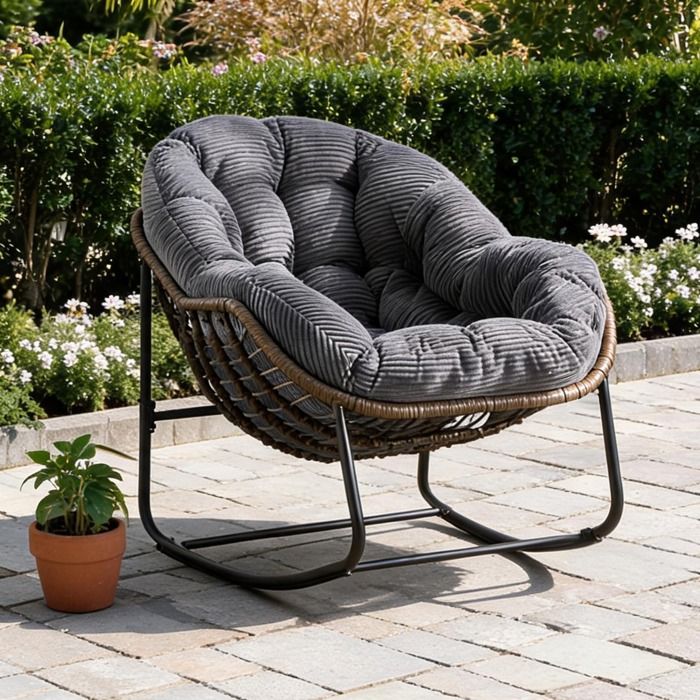Fauteuil suspendu en rotin synthétique gris assise balançoire avec dossier structure acier pour entrée salon patio jardin