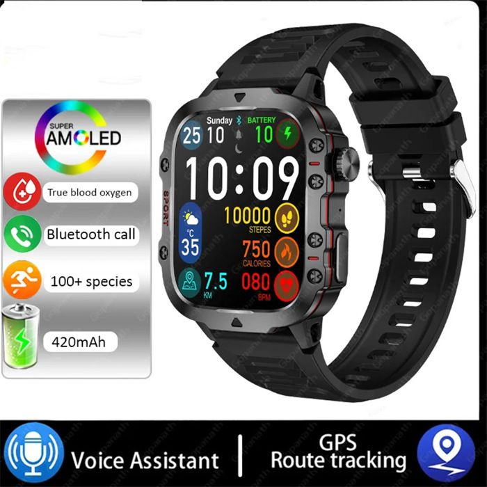 Montre connectée militaire silicone noir homme appel Bluetooth écran AMOLED SpO2 cardio 100 modes sport GPS batterie 420 mAh Montre connectée militaire silicone noir homme appel Bluetooth écran AMOLED SpO2 cardio 100 modes sport GPS batterie 420 mAh