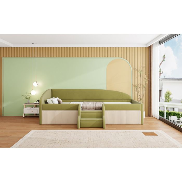 Lit combiné enfant 90 × 190 cm 1 place avec marches et barrières sans matelas velours vert foncé et blanc crème - UVRION