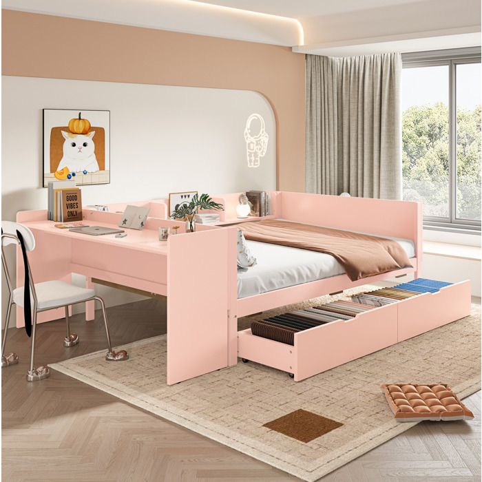 Lit combiné 140x200 cm avec bureau 2 tiroirs et étagères pin et panneau de particules rose
