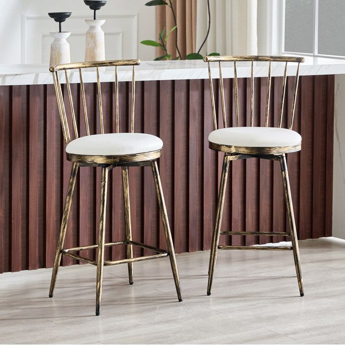 Tabouret de bar Lot de 2 style Windsor dossier à barreaux assise rembourrée en PU métal marron et blanc