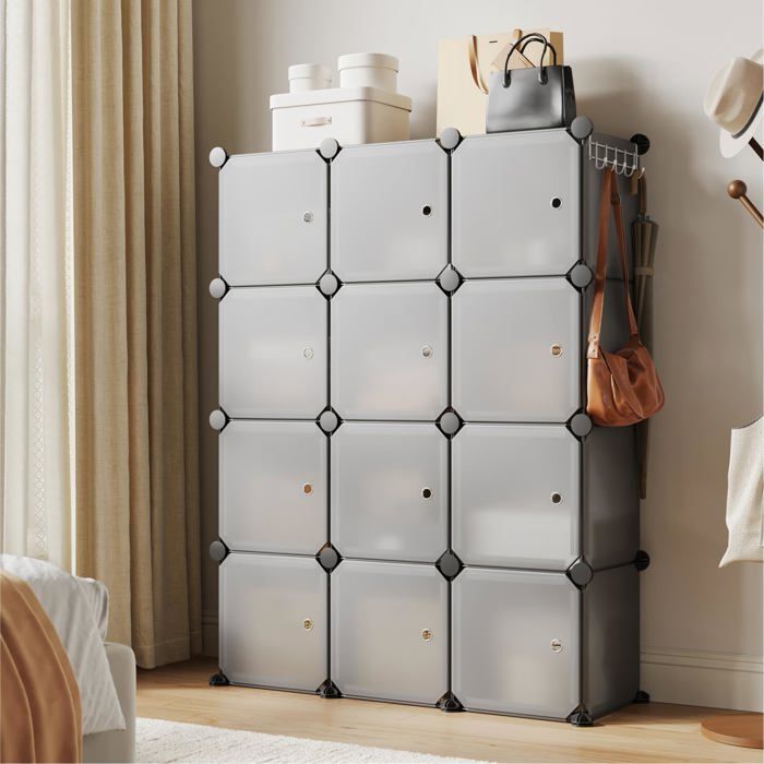 Armoire modulaire DIY grise en plastique à 12 cubes portes translucides panneaux imperméables 95 x 34 x 124 cm