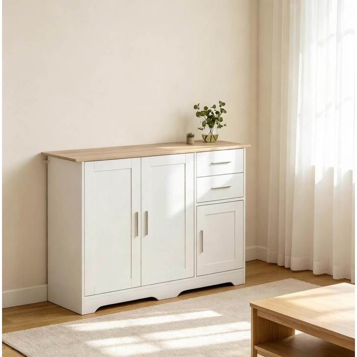 Buffet bas SENVIRO 100 x 40 x 78 cm 2 tiroirs 2 portes blanc effet bois naturel