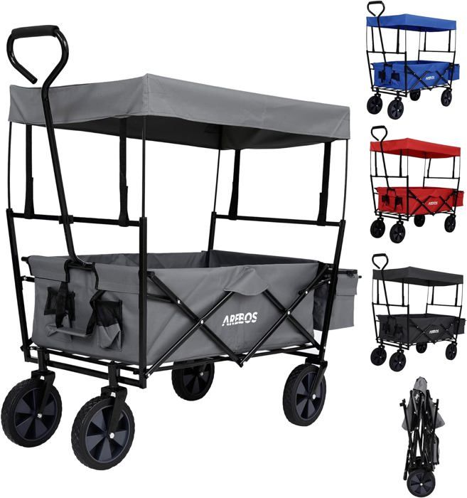 AREBOS Chariot de transport pliable avec toit - 2X Poches en Filet - 1x Poche extérieure - Capacité de Charge de 70 kg Max - Gris