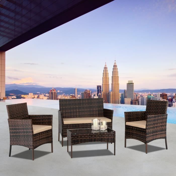 Salon de Jardin en Résine Tressée-Mobilier dextérieur-Ensemble de 4 pièces-Brown
