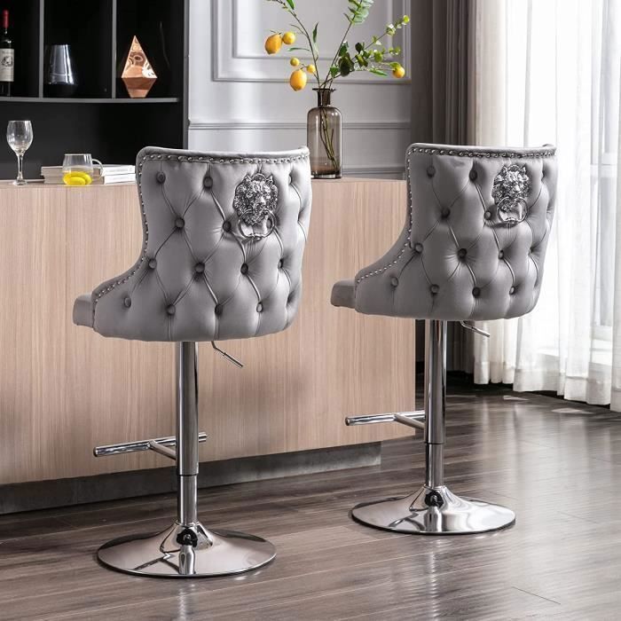 Wahson Tabouret de Bar Velours Lot de 2 Chaise Bar Haute Tabourets avec Repose-Pieds Tabouret Haut pour Bar-Cuisine(Gris)