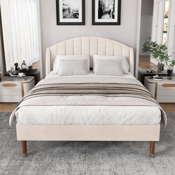 lit capitonné double 140 x 190 cm en velours avec pieds en bois, beige