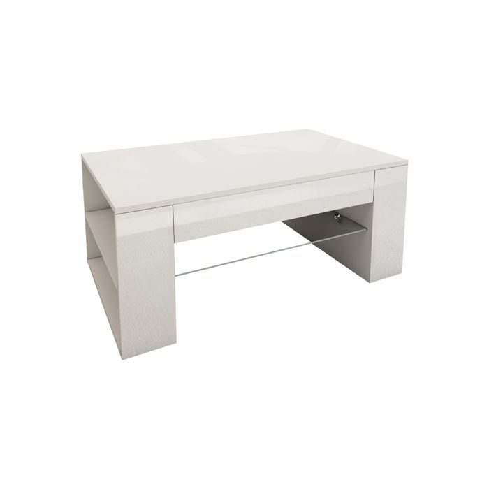 Table basse de salon avec &eacute;tag&egrave;re en verre blanc mat/brillant 100x42x60 cm