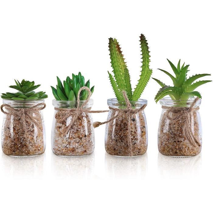 Mini Plantes Artificielles (Lot de 4) - Petites Fausses Plantes Succulentes  avec Vase en Verre - Mini Cactus Artificiels pour D&99 - Cdiscount Maison