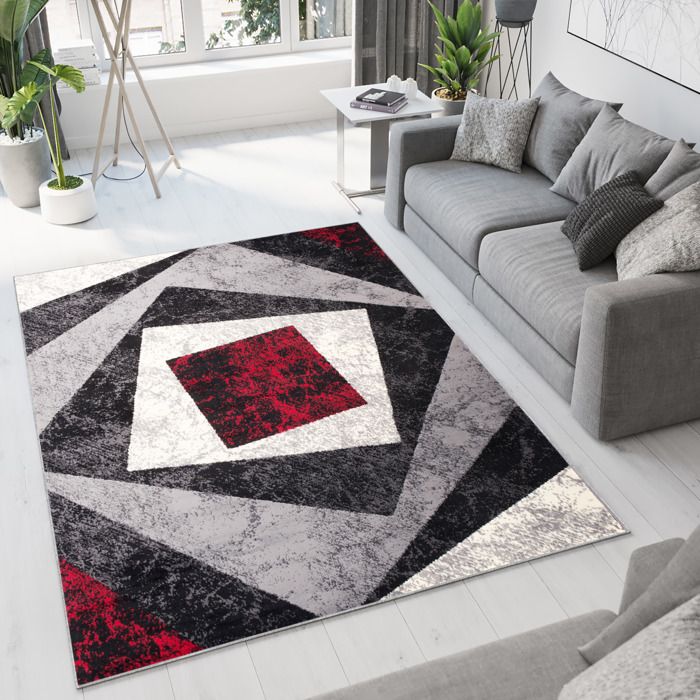 Moderne Designer Salon Tapis Carreau Motif Noir Gris Rouge chiné