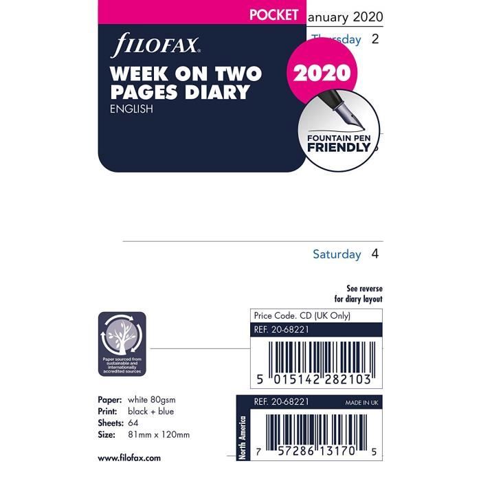 Filofax 20-68413 Semainier sur deux pages Coton Crème 5 langues 2020 