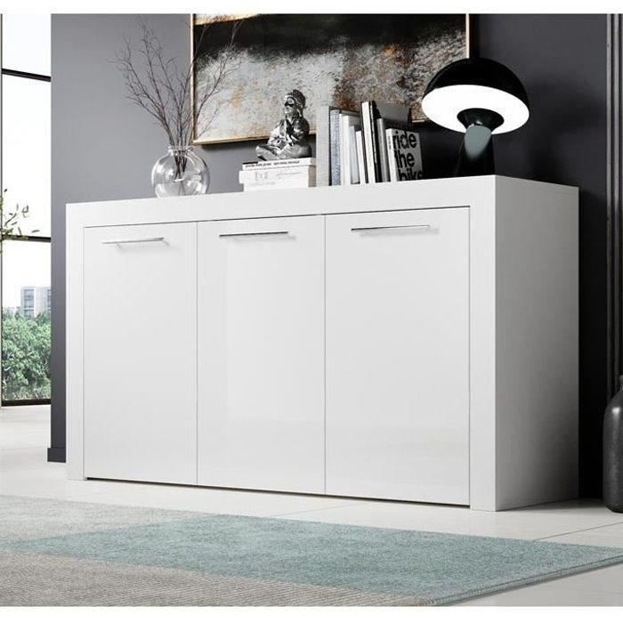 Buffet Bahut 3 portes 144 x 80 x 42 cm Couleur Blanc Finition Brillante Rangement NELIA