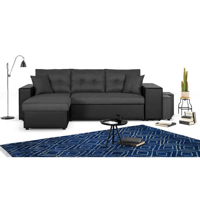 california canape d angle reversible convertible avec coffre et etagere de rangement en simili et tissu couleur noir gris cdiscount maison