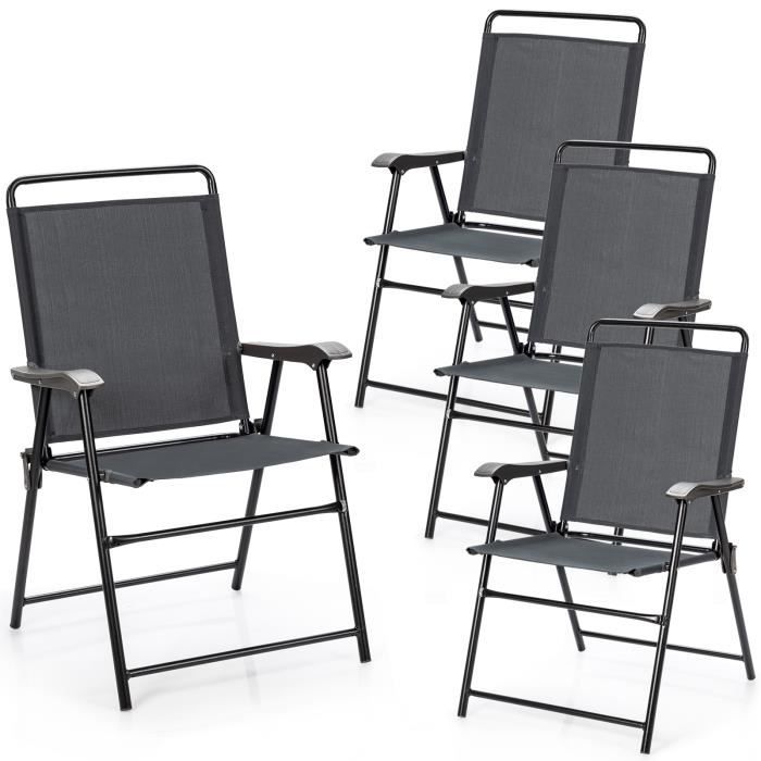 costway lot de 4 chaises fauteuils de jardin pliantes en textilène - accoudoirs, patins antidérapants, charge 150kg - gris