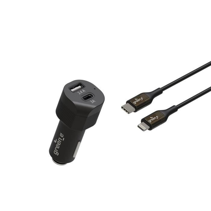 GREEN_E Kit chargeur voiture 30W USB C et A + Cable C vers MFI - 1,3 m