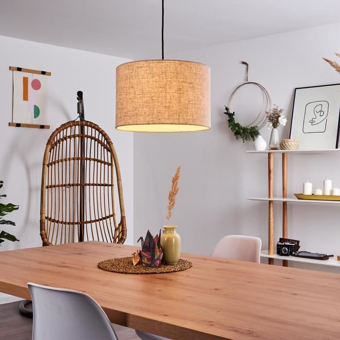 Suspension - HOFSTEIN - Shiburg - Bois et tissu beige - Vintage - E27 - 60W max Suspension - HOFSTEIN - Shiburg - Bois et tissu beige - Vintage - E27 - 60W max
