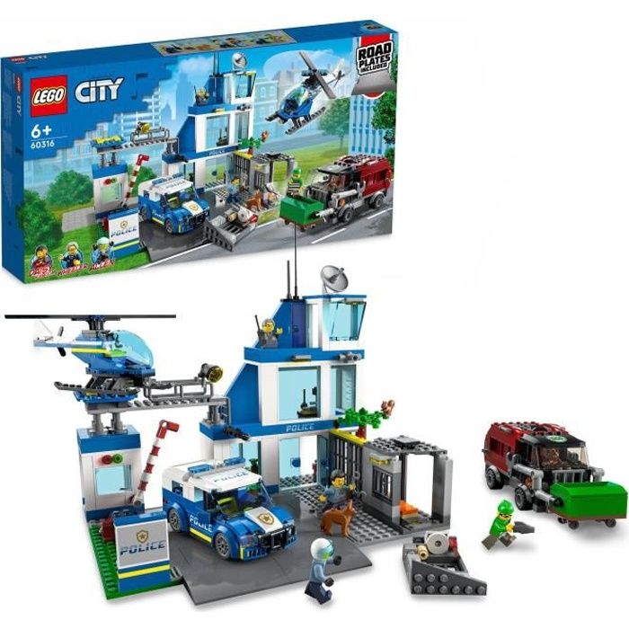 lego® city 60316 le commissariat de police, jouet hélicoptère, voiture de police, chien figurine, camion poubelle jouet