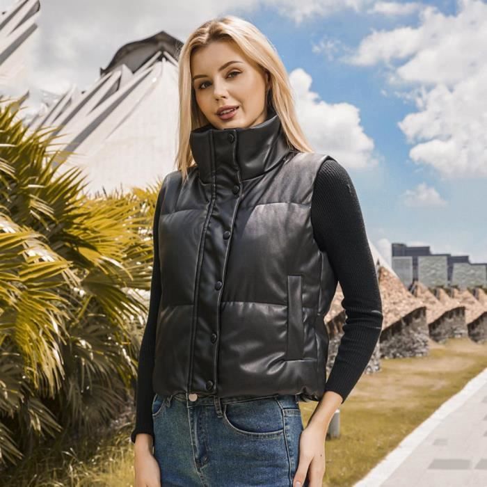 Gilet femme marque de luxe couleur unie gilet court en PU avec col