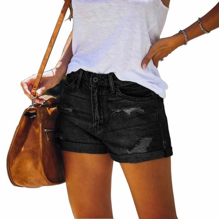 Short en jean taille haute effiloché ourlet brut plié pour femme ...