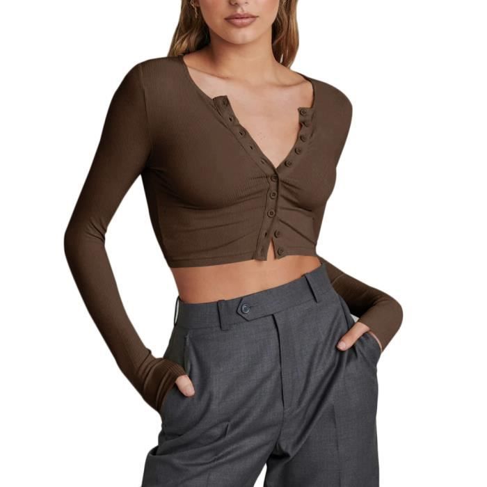 T Shirt Court a Manche Longue Femmes Crop Top Col V Haut Court Slim Fit Haut Tricot a Boutons Marron Esij019 Cdiscount Pret a Porter