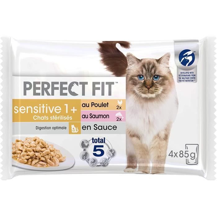 PERFECT FIT Sensitive, Sachets fraîcheur pour Chat Adulte Sensible Stérilisé, en sauce au poulet et au saumon, 52