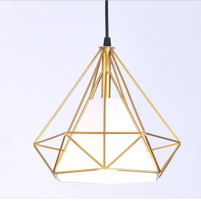 Lustre en Métal Cage Or Luminaire à Suspension forme Diamant Abat-Jour Lampe de Plafond Style Rétro, E27