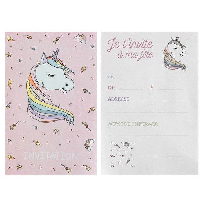 Carte invitation fête anniversaire Licorne rose et blanc (x6) REF/6726