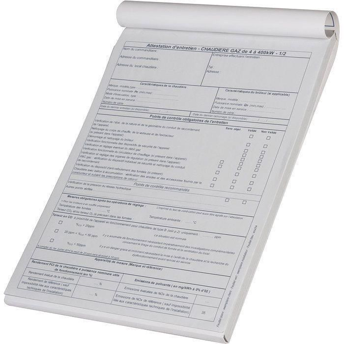 Carnet d/'attestation d/'entretien chaudière gaz SELF CLIMAT