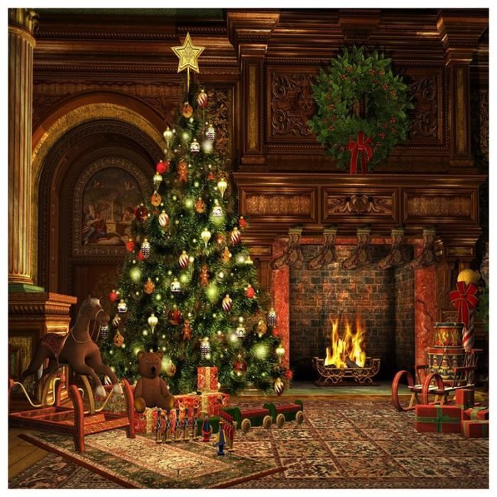 5x7ft Toile De Fond De Photographie Au Theme De Noel Cheminee Tapis Retro Etoile Incandescente Arbre De Noel Boite Cadeau Achat Vente Stickers De Noel Cdiscount