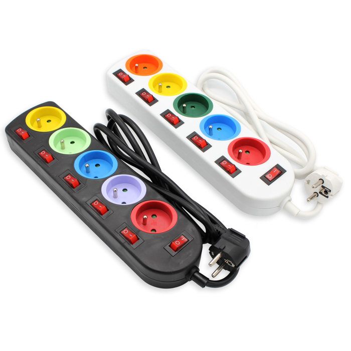 FISHTEC Lot de 2 Multiprises 5 Prises avec Interrupteurs Individuels Câble 1 5m Stickers Couleur Norme NF ABS robuste