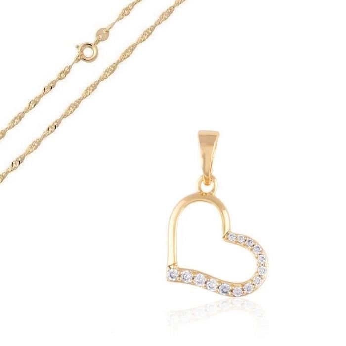 Collier Cœur En Cristal Plaqué Or 750 - Chaîne Et Pendentif, Zircon Blanc, Bijouterie Papillon Bleu