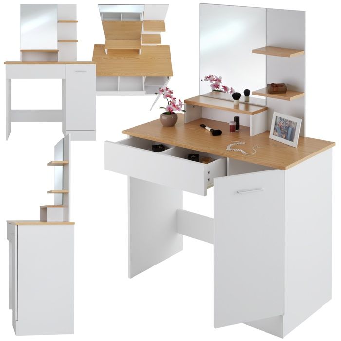 Coiffeuse - TECTAKE - Table de maquillage ZOE avec miroir étagères et compartiments au style moderne 90 x 40 x 1375 cm - Blanc