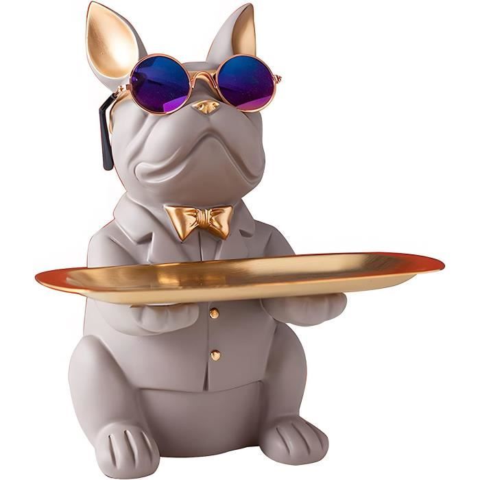 Sculpture Bouledogue Français En Résine Avec Plateau Rangement Bijoux - 22x22x23 Cm - Neuf