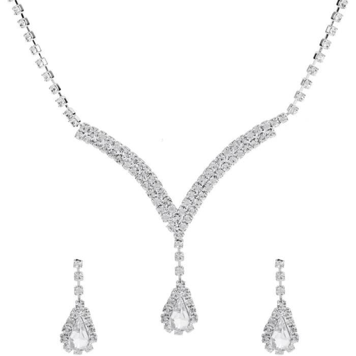 Parure Femme Goutte D’eau En Strass – Collier + Boucles D’oreilles Pour Mariage Ou Soirée