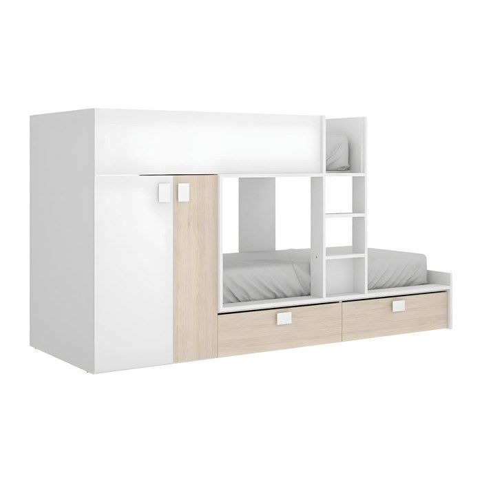 Lits Superposés 2 x 90 x 190 cm - Armoire intégrée - Blanc et naturel - JUANITO