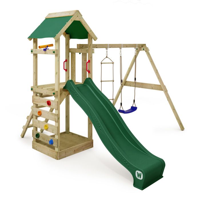 WICKEY Aire de jeux Portique bois FreeFlyer avec balançoire et toboggan vert Maison enfant extérieure avec bac à sable