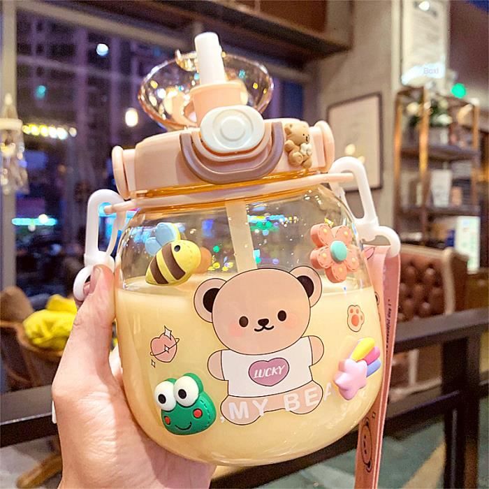 Bouteille D'eau En Forme D'ours Kawaii, Grande Avec Paille Et Sangle Gourde Plastique Carree Portable Pour Enfants Filles Fournitures Scolaires 1000ml