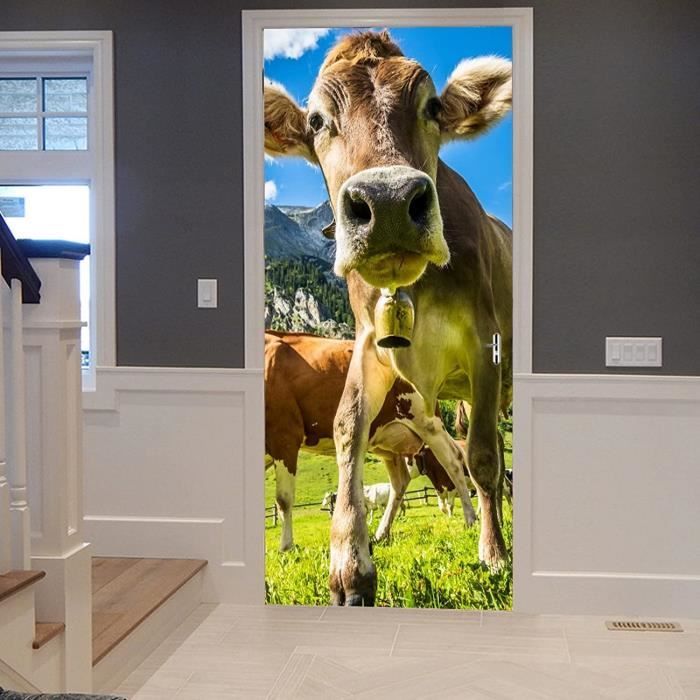 Sticker Porte 3D Vaches Alpage Été - Poster Autocollant Amovible 83x204 Cm - Décoration Murale Vinyle