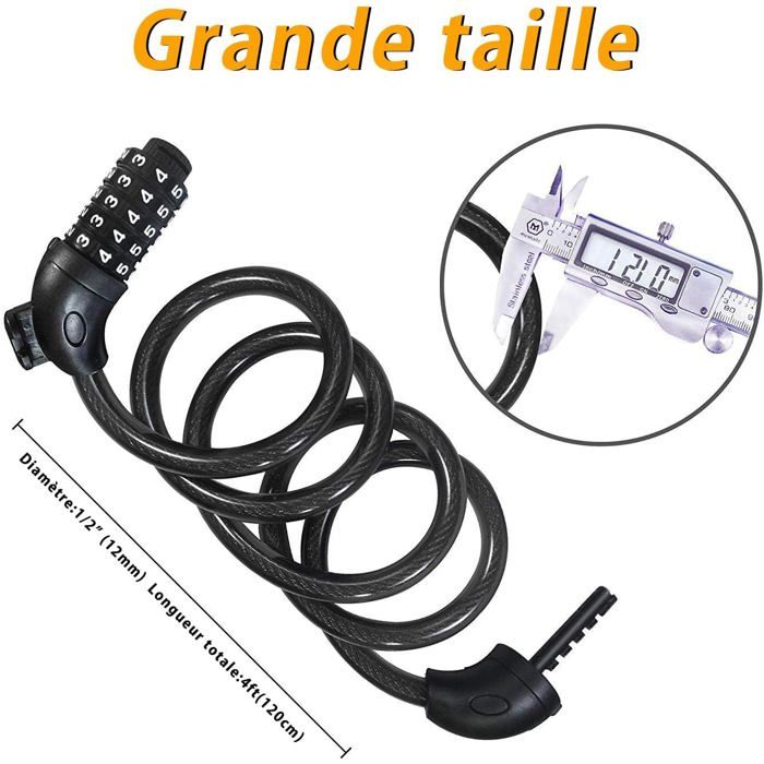 Antivol Vélo à Code 5 Chiffres – Câble Acier 12 Mm X 120 Cm, Support Inclus, Pour Vélo Moto Poussette